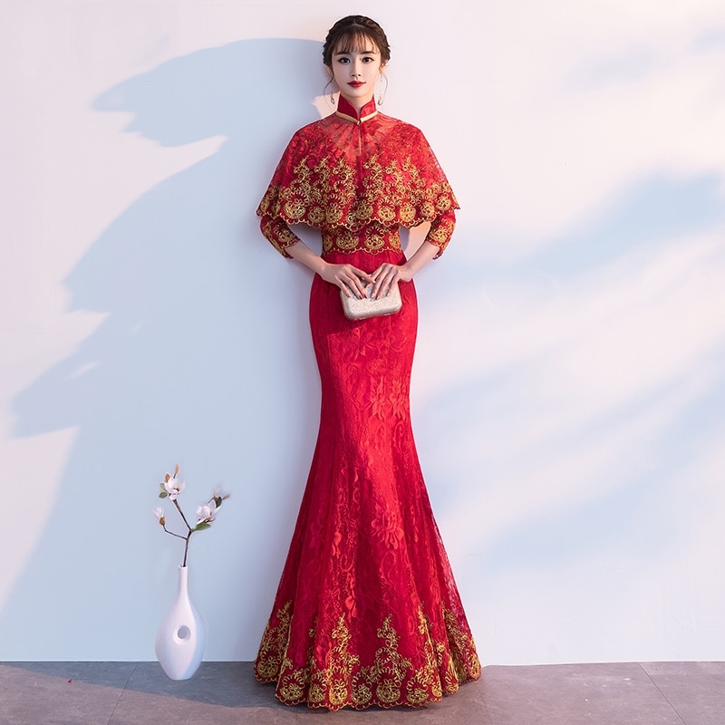 웨딩 드레스 2019 연회 vestidos 케이프 로브 만다린 칼라 중국 스타일 가운 레드 인어 신부 들러리 드레스 ts776